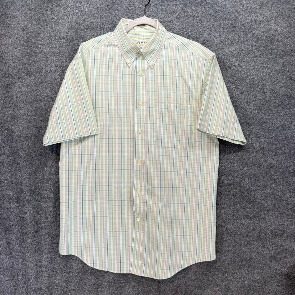 Orvis Button Up Shirt Mens Medium Green Plaid Short Sleeve Cotton Outdoors